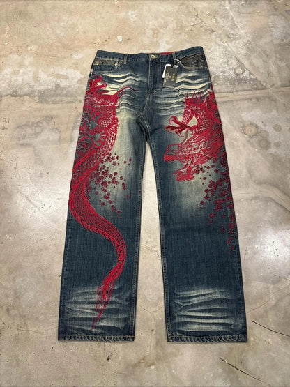 Japanese Harajuku Jeans Mens New Dragon High Quality Jeans Gothic Y2K Vintage Hip Hop Streetwear Denim Fabric Wide Leg Pants