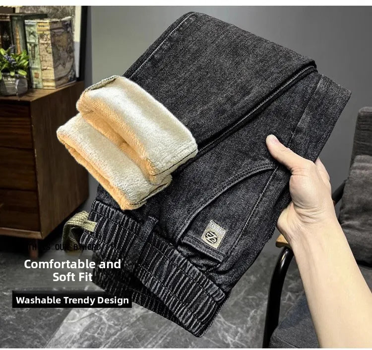 Warm Fleece Lined Elastic Waist Casual Straight Leg Men's Jeans Premium Quality Autumn Winter Thickened Stretch Denim Pants