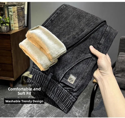 Warm Fleece Lined Elastic Waist Casual Straight Leg Men's Jeans Premium Quality Autumn Winter Thickened Stretch Denim Pants