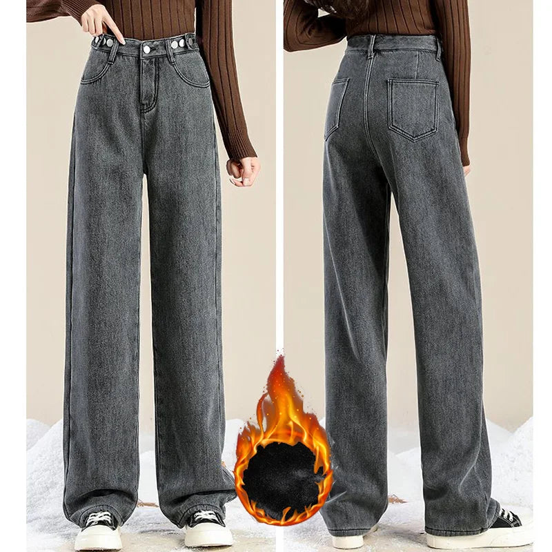 Winter Girls Plush Thermal High Waist Solid Jeans Lady Fleece Snow Warm Denim Pants Women Baggy Straight Leg Daily Trousers