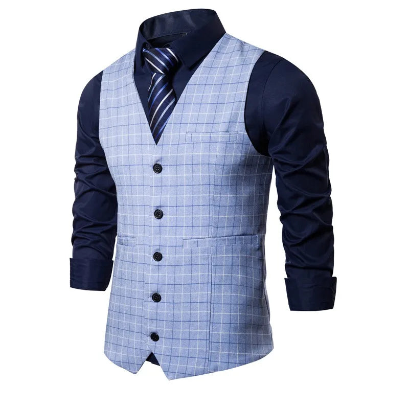 2026 Man Waistcoat Slim Plaid Business Casual Male Suit Vest V-neck Sleeveless Breathable Wedding Party Vest for Men