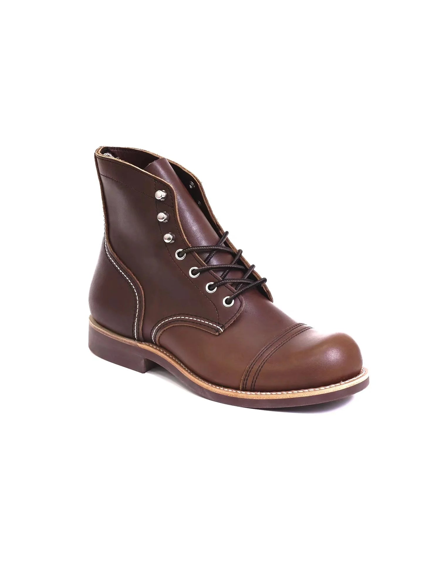 Durable Goodyear-Welted Motorcycle Rugged Heritage Boots Vintage Oil Genuine Leather 8111 Red Punk For Men Cowhide Mid-Cut Shoes