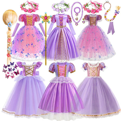 Rapunzel Short Sleeve Purple Puffy Dress + Accessories Girls Cosplay Rapunzel Summer Casual Dress Birthday Party Gift