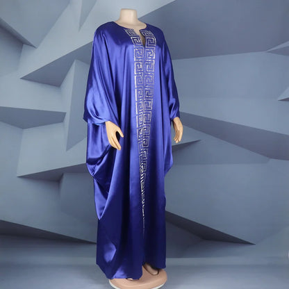 Fashion African Woman Large Size Bat Sleeve Dress Muslim Islamic Style Robe Imitation Silk Hot Fix Rhinestone