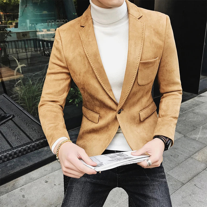 Blazer Hombre Men's Casual Slim Fit Deerskin Velvet Suit Jacket High-quality Korean Luxury Formal Solid Color Suit 6 Colors