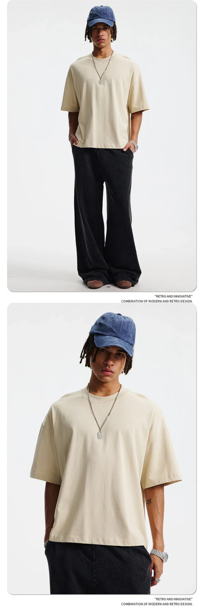 New Men Summer Boxy 275gsm Cotton T-Shirts Retro Unisex Oversized Short Version Basic T Shirt Brand Tees HY1070