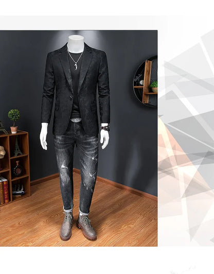 British Style Luxury Jacquard Blazers Men Clothing 2022 Business Slim Fit Casual Suit Coat Men Groom Wedding Suit Printed Blazer