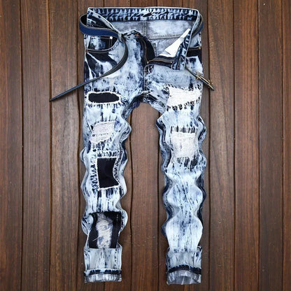 Men's Embroidered Patchwork Ripped Jeans (without Belt) Slim Fashion High Street Motorcycle Denim Pants Male Designer Clothes