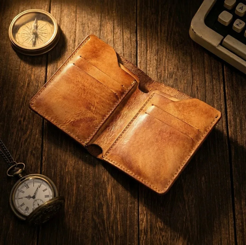 Ultra-Durable Men's Leather Short Wallet, Scratch-Resistant Hand-Rubbed Top Grain Leather Card Holder, Minimalist Travel Wallet