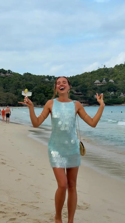 Fashion Sequin Mini Dress Women Sexy O-neck Sleeveless Backless Waist-cinching Slim Dresses 2026 Summer Lady Vacation Robe