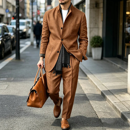 Men's Linen Blend 2 Piece Suit Set Stand Collar Breathable Casual Blazer Pants For Business Daily Wear
