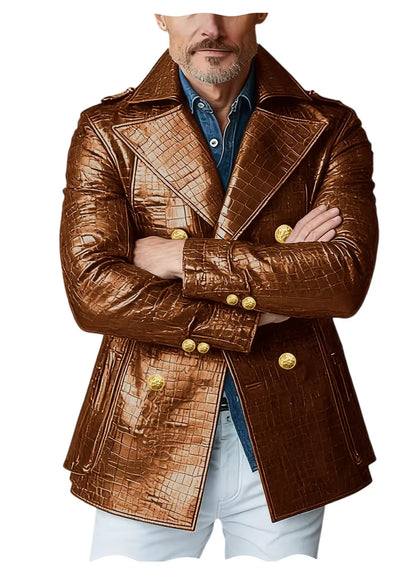 Men's Crocodile Embossed Leather Peacoat Double Breasted Gold Button Jacket Luxury Casual Overcoat