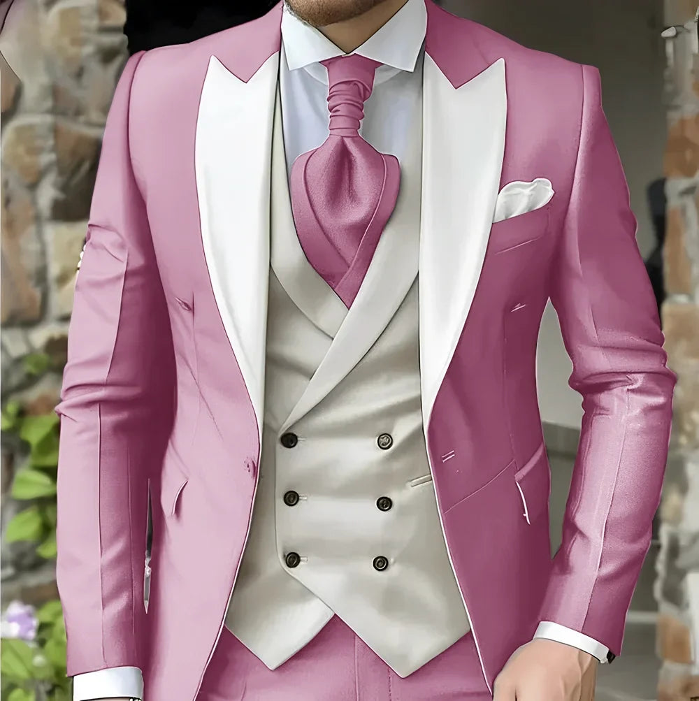 Men's Elegant Peak Lapel Tuxedo 3-Piece Suit with Blazer Vest Formal Men's Suit for Business Prom Business Dinner