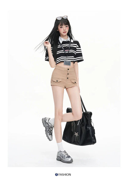 Pure Desire Slim Hip Hugging Hot Pants Old Money Style Hip Enhancing Multi Button High Waist Tight Summer New Denim Shorts