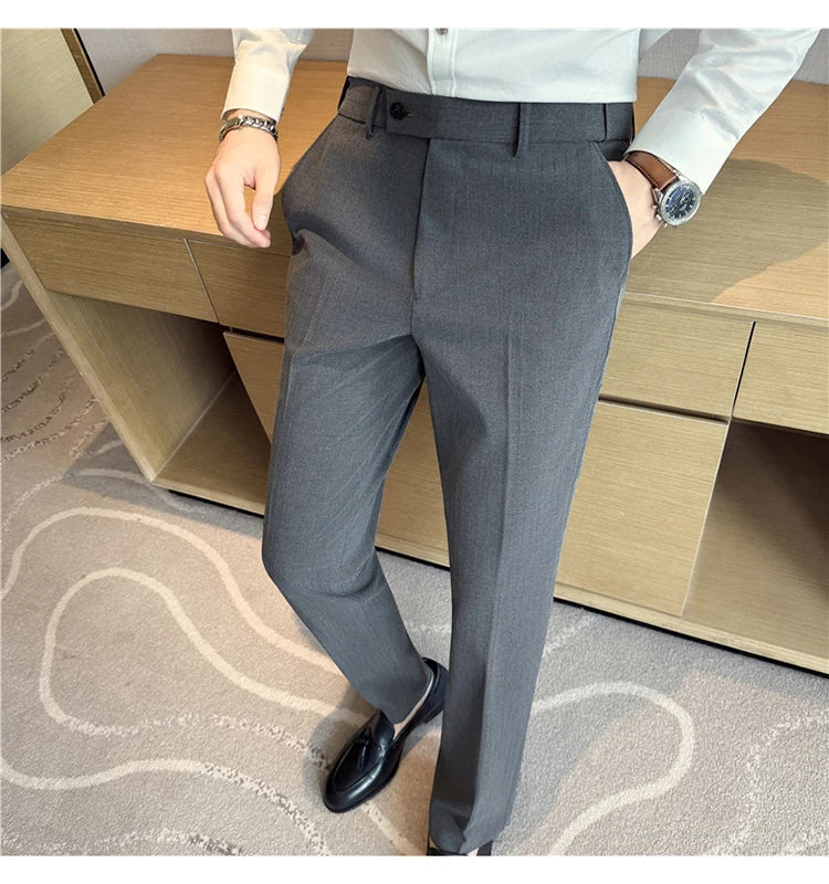 Spring Autumn New Elastic Waist Casual Trousers Male High Waist Dark Striped Slim Fit Pants Men Business Formal Casual Suit Pant