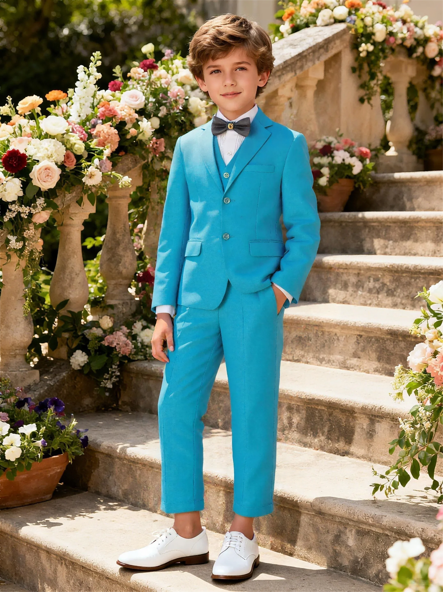 Boys Suit 5 Piece Jacket Vest Pants Shirt Tie Random Wedding Birthday Party Gift Performance Uniform School Uniforms Size 4-16Y
