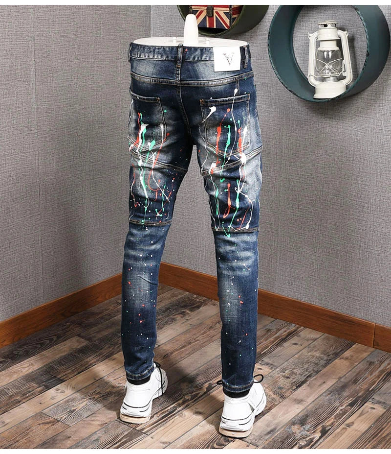 Fashion Streetwear Men Jeans Retro Black Blue Elastic Slim Fit Ripped Jeans Men Spliced Designer Embroidery Hip Hop Denim Pants