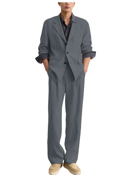 Men's Linen 2 Piece Set Notched Lapel Loose Fit Blazer Wide Leg Trousers Lightweight Breathable Spring Business Casual DailyWear