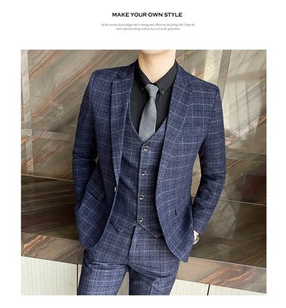 Men's High-Quality Cotton Texture Wedding Suit Set - Plaid Pattern Business Casual Three-Piece Vest Trousers Ensemble