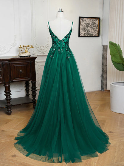 Sling Evening Dresses Sexy Spaghetti Straps V-Neck Illusion Sequins Appliques Prom Dress A-Line Train High Split Gowns