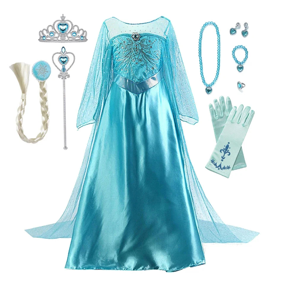2026 Frozen Elsa Snow Queen Princess Dress Up Girls Fancy Costume Kids Role-play Carnival Children Birthday Party Dresses