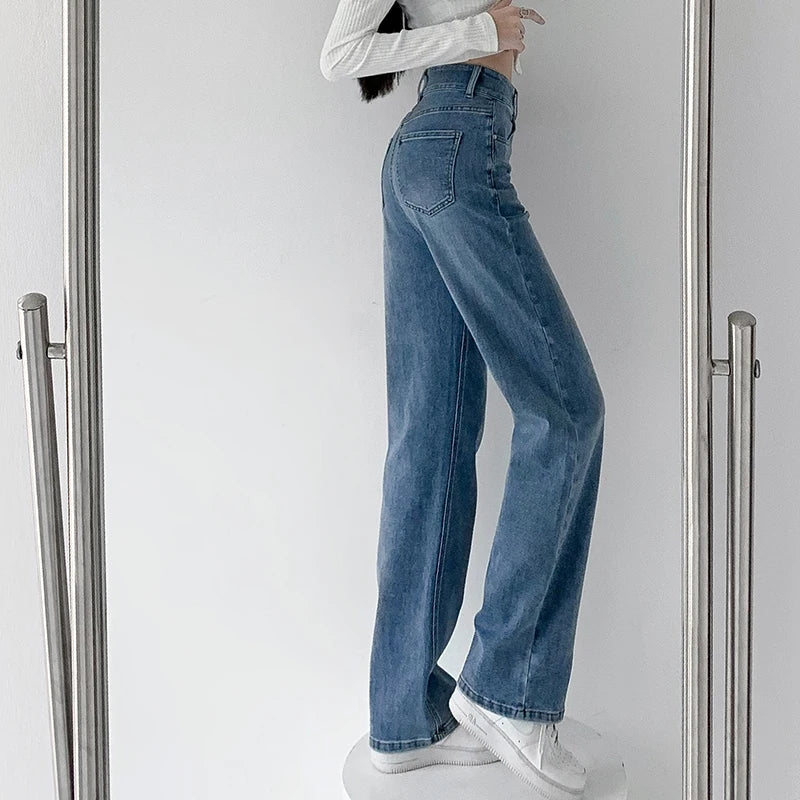 Loose Straight Women's Jeans Fashion Stretch Soft Drape Multi-button High Waist Denim Trousers Street Fashion Female Clothing