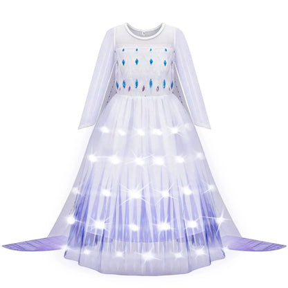 Elsa Princess Dresses +LED Light Girls Mesh Sequin Dress Kids Cosplay Frozen Snow Queen Costumes Halloween Party Gowns
