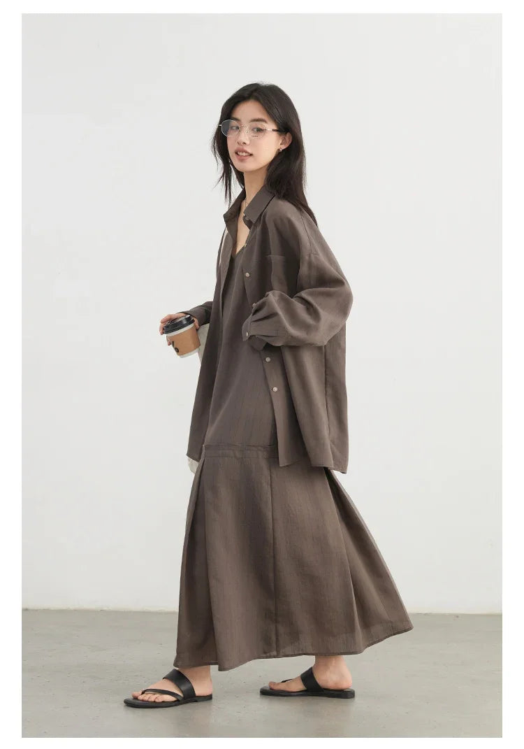 Women Dress Sets Stripe Shirt Loose Casual Long Sleeve Sunscreen Blouses Camisole V-neck Dresses Spring Autumn 2025