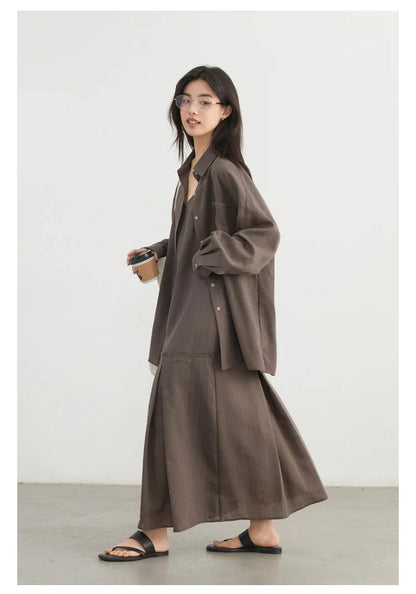 Women Dress Sets Stripe Shirt Loose Casual Long Sleeve Sunscreen Blouses Camisole V-neck Dresses Spring Autumn 2025