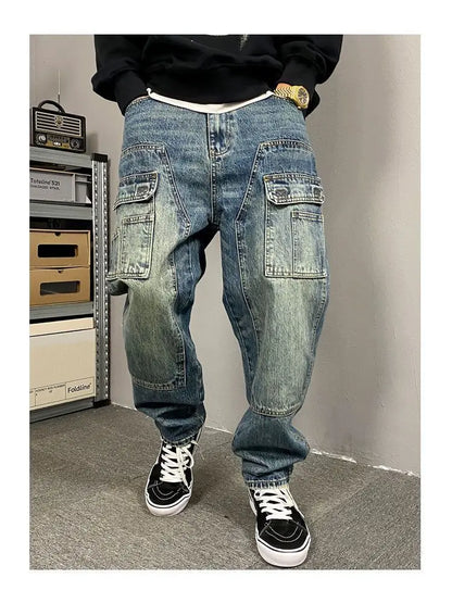 Autumn American Casual Ruffian Handsome Washed Retro Tooling Jeans Men's Straight Loose High Street Tapered Pants Tide