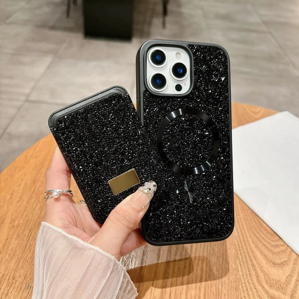 Luxury Glitter Flash Diamond Case With Magnetic Card Bag For iPhone 17 Air 16 15 14 Plus 13 12 Pro Max Anti-drop Protector Shell