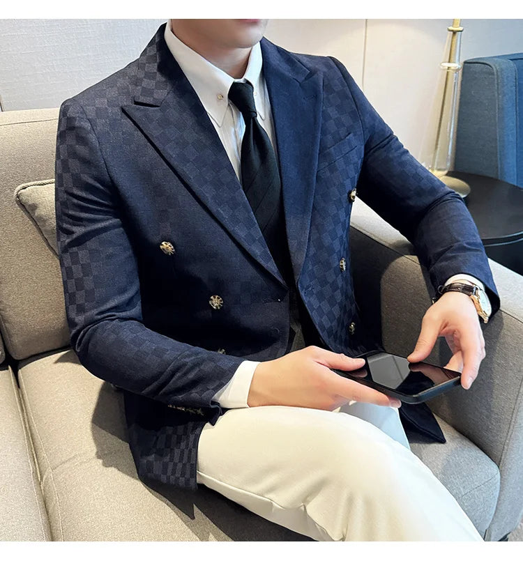 6 Color Luxury Double Breasted Blazers Coats 2024 New Fashion Checkered Business Slim Fit Social   Formal Suit Jacket 5XL-M