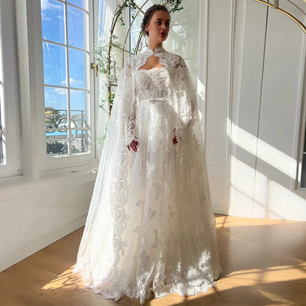 Princess Wedding Dress with Cape Customized Strapless Long Sleeve Exquisite Lace A Line Corset Bridal Gown  Robe De Mariee