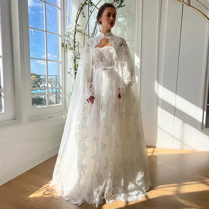 Princess Wedding Dress with Cape Customized Strapless Long Sleeve Exquisite Lace A Line Corset Bridal Gown  Robe De Mariee