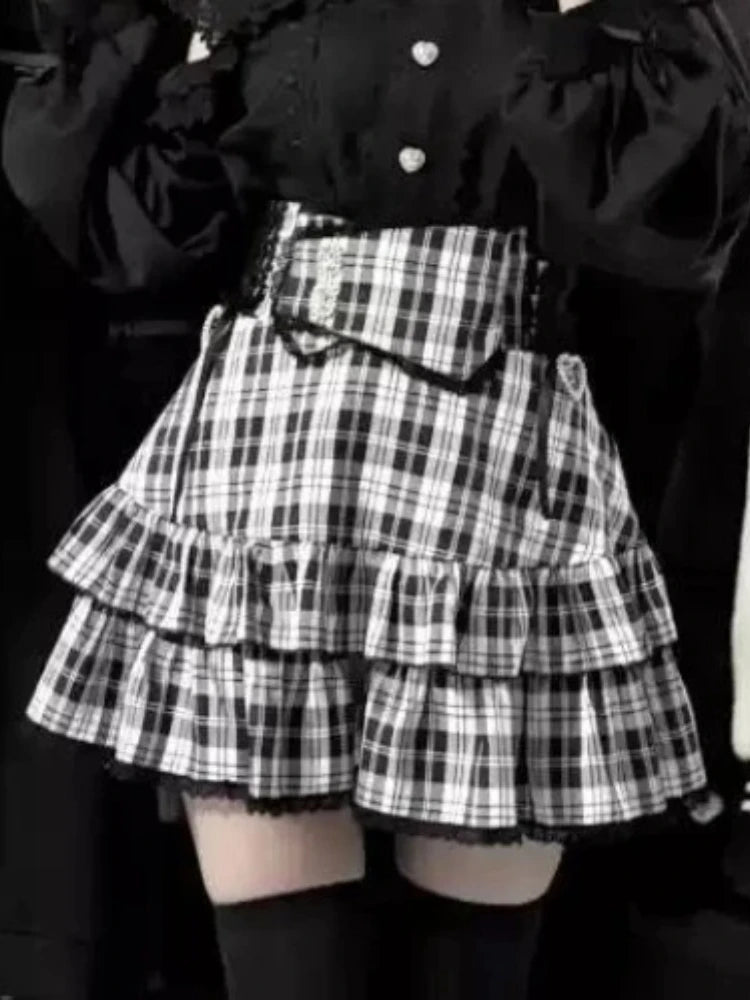 Japanese Harajuku Mini Skirt Punk College Style Plaid Cake Subculture Y2k Skirt Girl Summer High Waist Sweet Mini Skirt