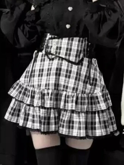 Japanese Harajuku Mini Skirt Punk College Style Plaid Cake Subculture Y2k Skirt Girl Summer High Waist Sweet Mini Skirt