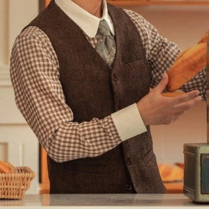 Vintage Men's Suit Vest V Neck Wool Herringbone Tweed Casual Classic Slim Fit Waistcoat Formal Business Wedding Groomsmen