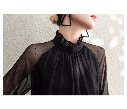 Spring Summer Black Polka Dots Mesh Women's Chiffon Blouses 2025 New Long Sleeve Stand Collar Vintage Loose Shirts Female