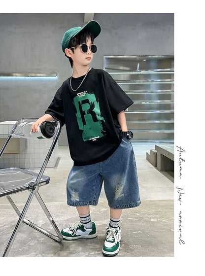 New Boys Fashion Summer 2pcs Cotton T-shirts+Denim Shorts Sporty Suits Teenage Kids Korean Style Outfits Sets Children Clothes