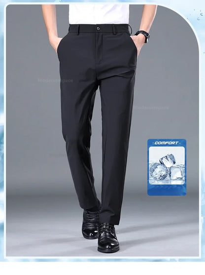 Summer Ultra-thin Casual Pants Men's High Elastic Quick-drying Ice Silk Straight Business Formal Casual Trousers Black Gray