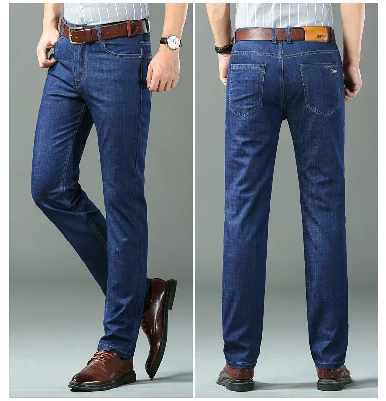 New Ice Silk Thin Denim Jeans for Men Blue Straight Stretch Cotton Denim Pant Business Casual Lightweight Trousers Spring Summer