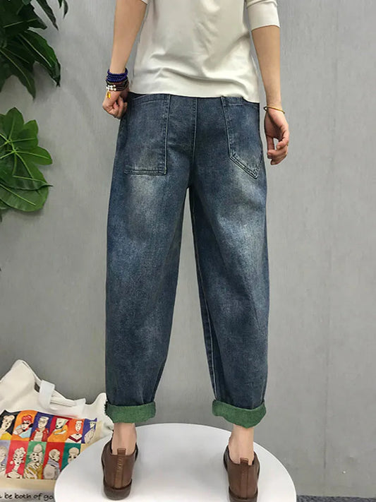 2024 Chinese Style Spring Womens Printed Patchwork Jeans Ladies Vintage Blue Denim Pants Female Casual Punk Pantalons