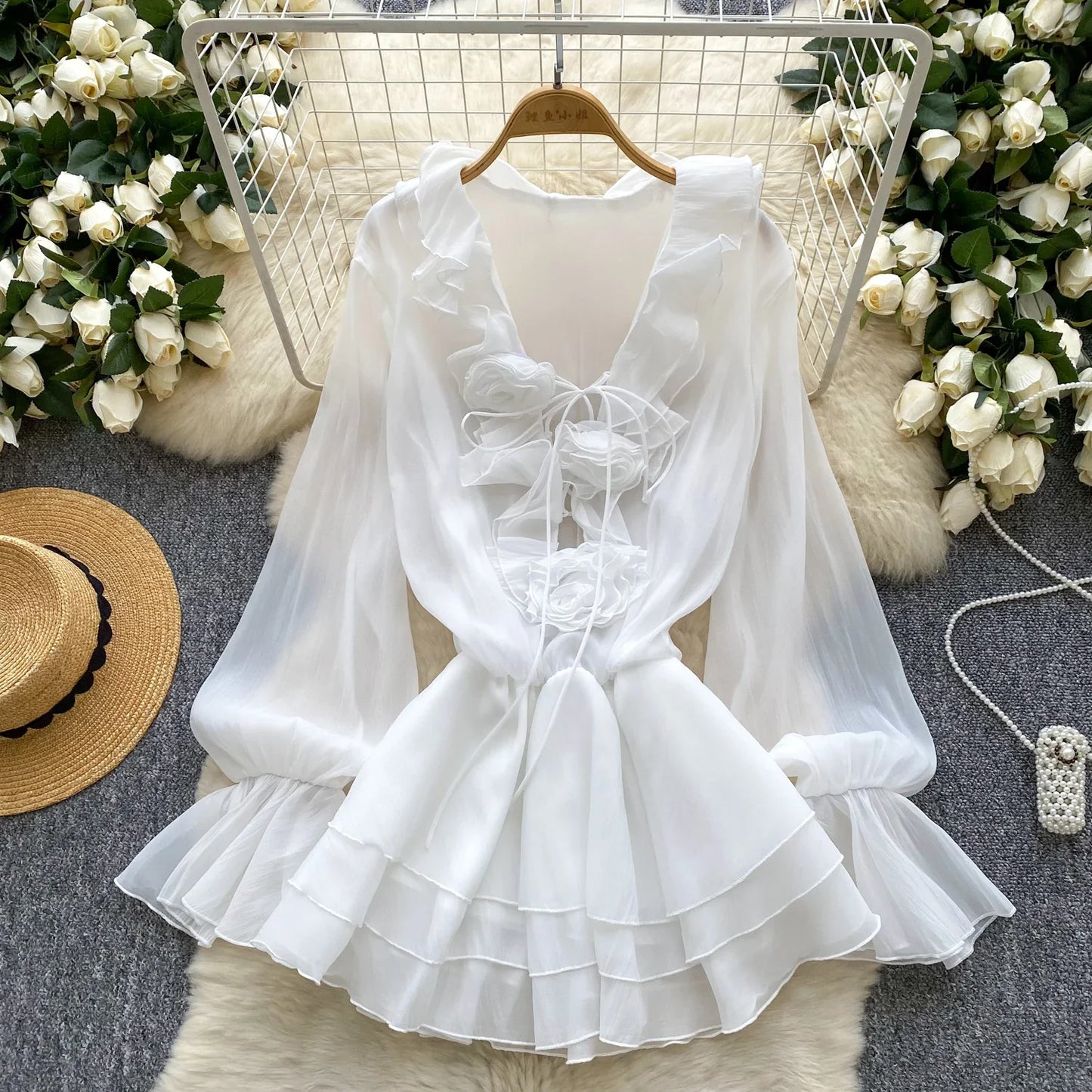 3D Floral Beach Short Dress Female Long Sleeves Lace Up Ruffle Chiffon Cake Sundress Sheer Sexy Vintage Bohemian Dress