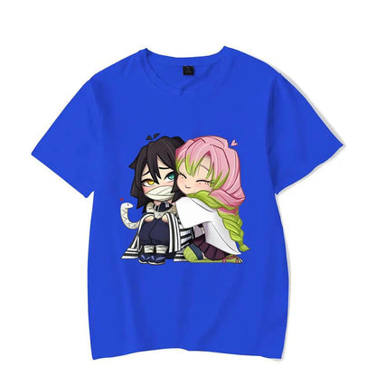 Funny Kanroji Mitsuri Iguro Obanai Cartoon Print T-Shirt Couple Casual Loose Short Sleeve Round Neck Harajuku Tops Clothing