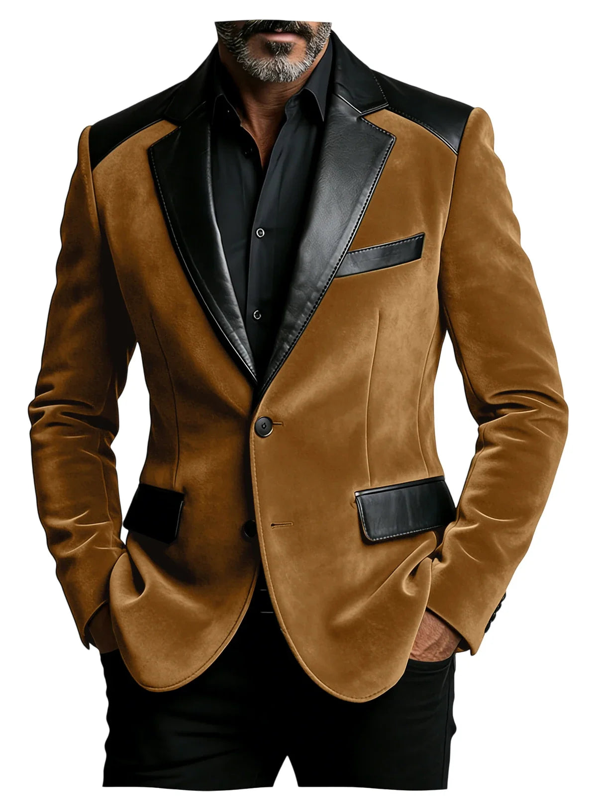 Men's Camel Velvet Blazer with Leather Patchwork Slim Fit Formal Casual Tuxedo Jacket Two-Tone Business Suit Coat