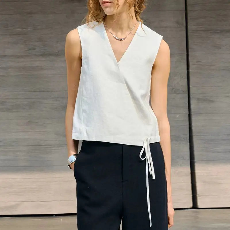 100% Linen Women's V-Neck Short Vest Tank Top 2026 New Arrival Summer Casual Sleeveless Tie-Front Linen Tops Camison Verano