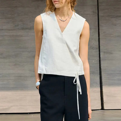 100% Linen Women's V-Neck Short Vest Tank Top 2026 New Arrival Summer Casual Sleeveless Tie-Front Linen Tops Camison Verano