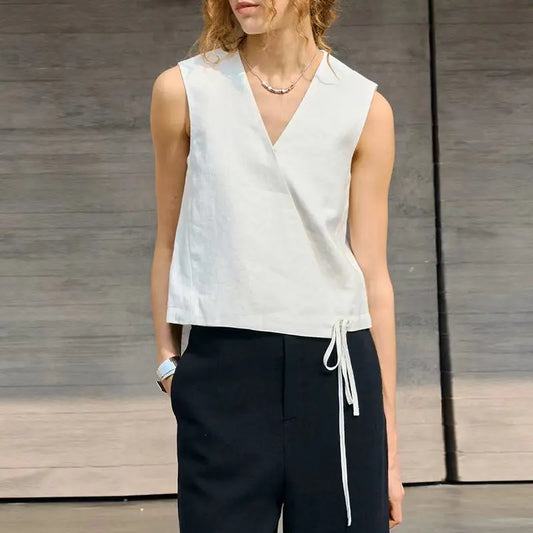 100% Linen Women's V-Neck Short Vest Tank Top 2026 New Arrival Summer Casual Sleeveless Tie-Front Linen Tops Camison Verano