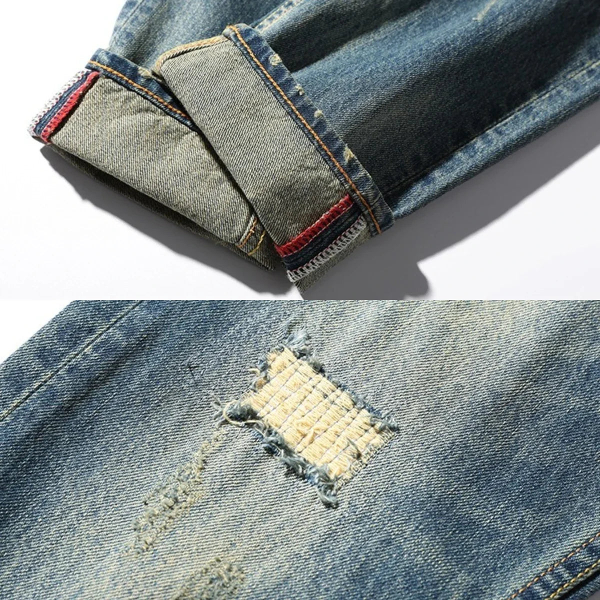 Men's Japanese Handmade Embroidered Jeans Pure Cotton Straight Tube Hip-Hop Popular Slim Red Ears Show Thin Trousers Blue MDevil