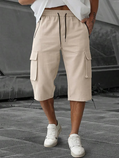 Men's 3/4-Length Cargo Shorts — Woven Twill Fabric, Multi-Pocket Casual Trousers. Non-Stretch Adult Apparel for Summer